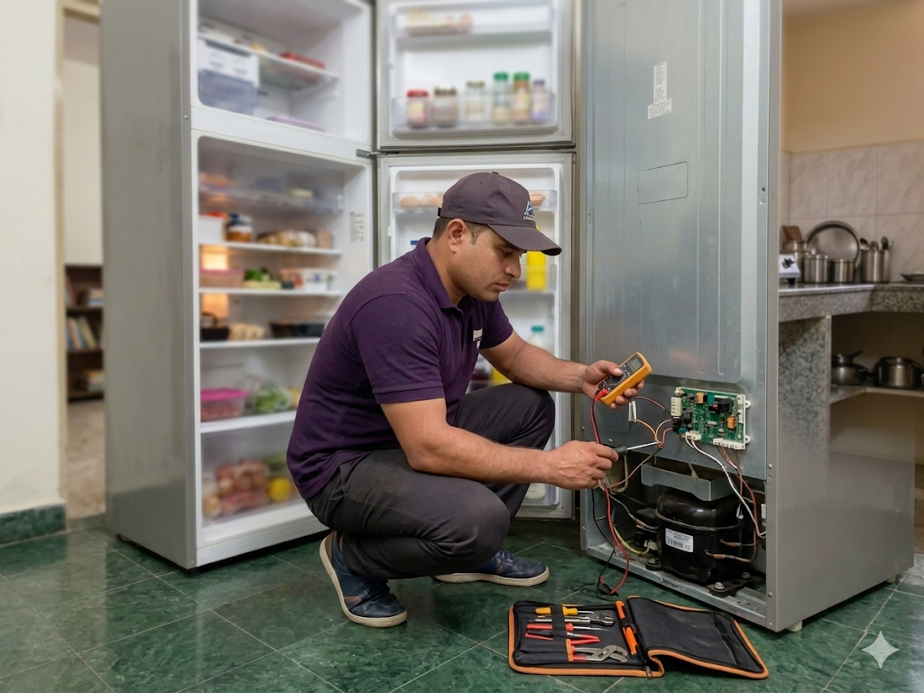 Professional technician repairing a luxury refrigerator